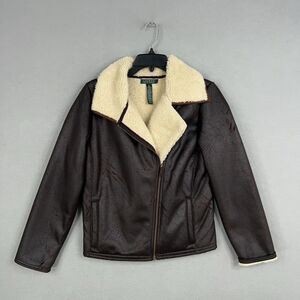 Ralph Lauren Jacket Women Medium Brown Faux Leather Sherpa Moto Coat Aviator LRL